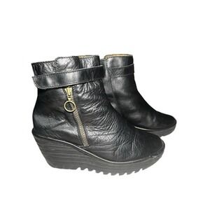 Fly London Boots Womens Size 9 EU 40 Black Leather Ankle Wedge Zip Booties